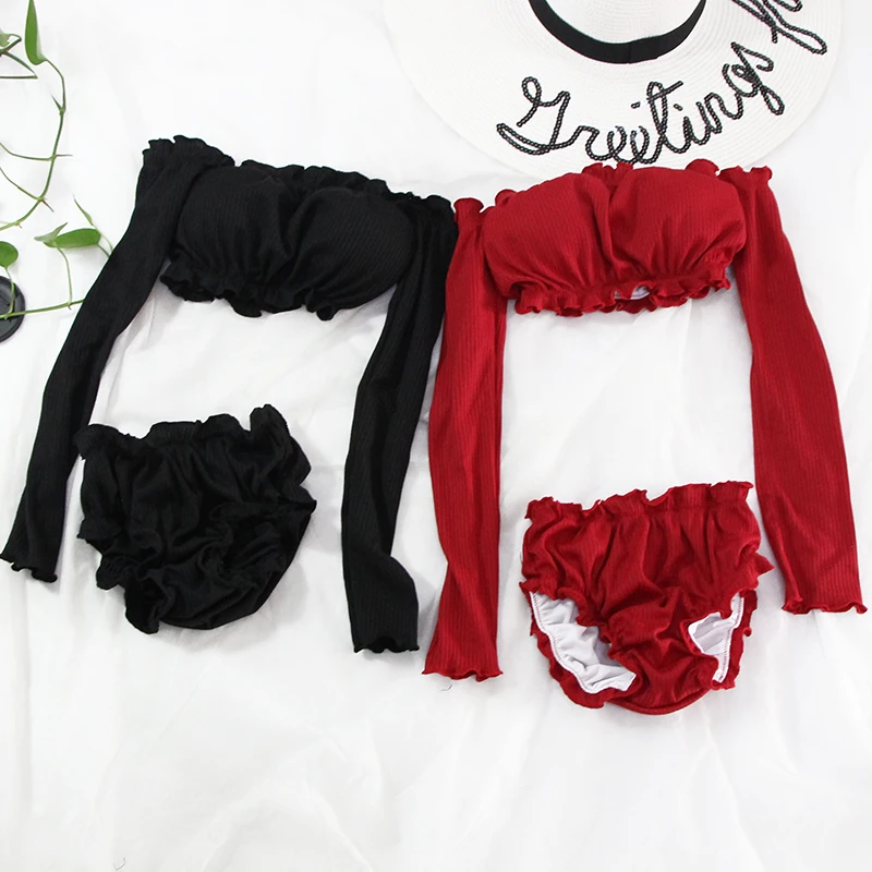 

Rash Guard 2018 Women Two Piece Swimwear Long Sleeves Swimsuit Solid color Surf Clothes Push Up Bathing Suits With Bikini