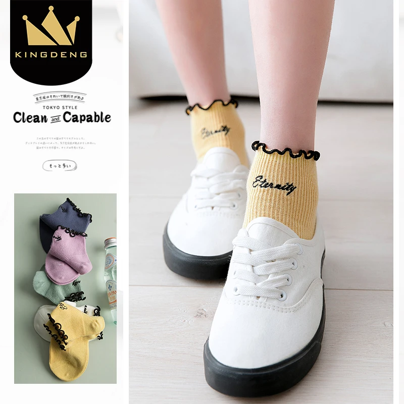 

KingDeng Women Socks Sketch Pattern Edge Cute Summer Short Harajuku Korean Style Simple Sock Vintage Solid Color Fashion