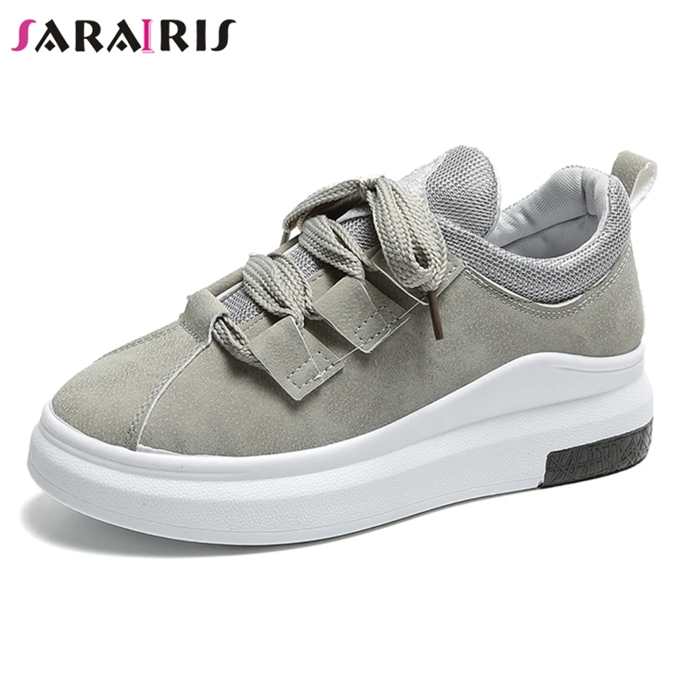 

SARAIRIS New Fashion Hot Sale Flock Shoes Woman Vulcanize Lace Up Flat Platform 5 Colors Round Toe Autumn Sneakers Woman Shoes