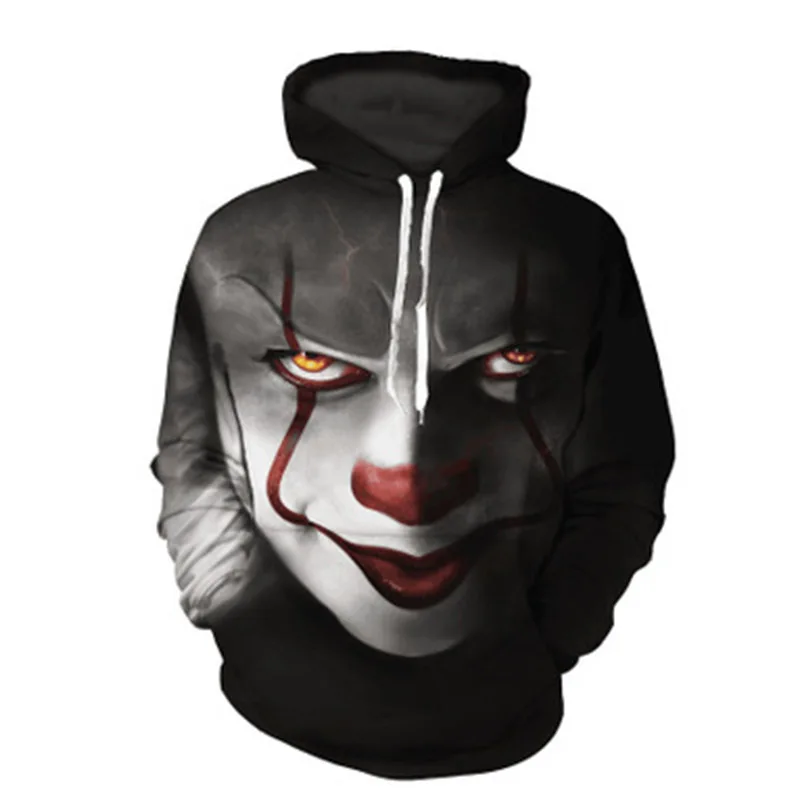 

2019 New Halloween 3D Clown Rebirth Series Print Hoodies Unisex Women Black Hooded Autumn Sweatshirt Pullover Size S-5XL