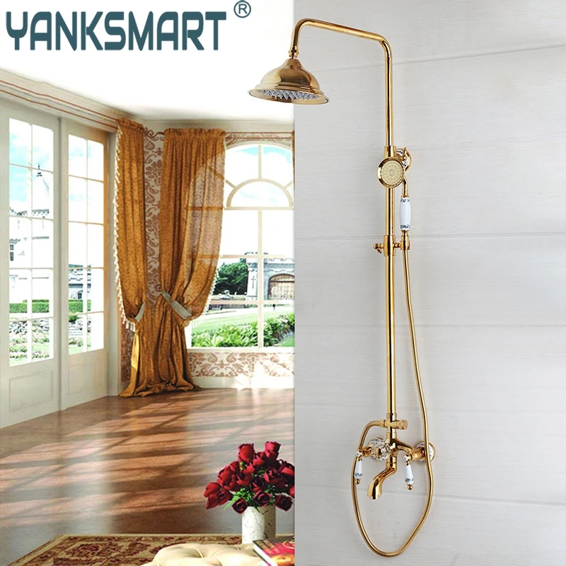 

Bathroom Luxury Gold Shower System Set Rainfall Head Tub Mixer Faucet Hand Spray