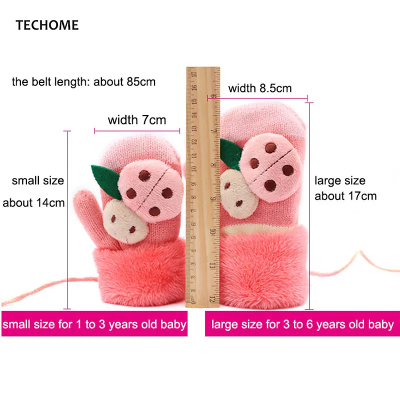Зимние Детские перчатки для детей от 1 до 6 лет, теплые утепленные вязаные варежки с мультипликационным принтом и веревкой для малышей