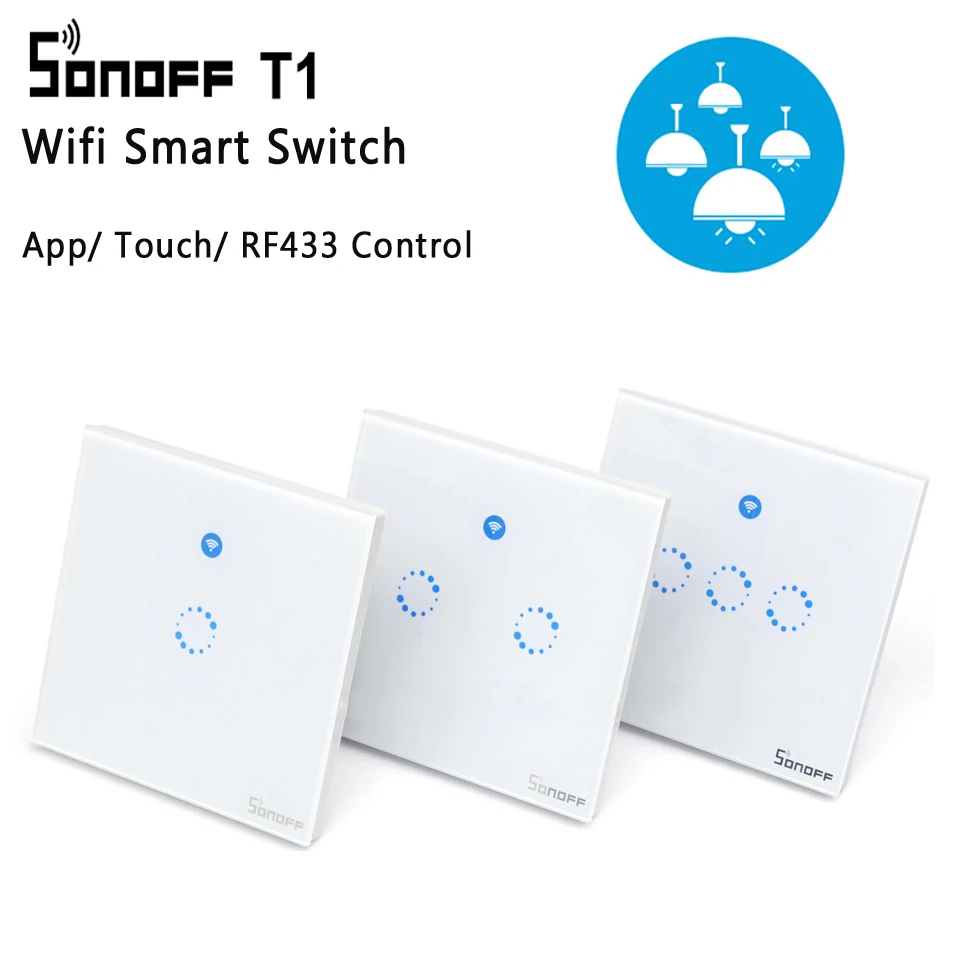 433 e app e controle de Toque Interruptor de Luz sem Fio Interruptor de Vidro Sonoff t1 ue Reino Unido Painel rf Wifi 1 2 3 Gang 1 Way Toque Wall Casa Inteligente