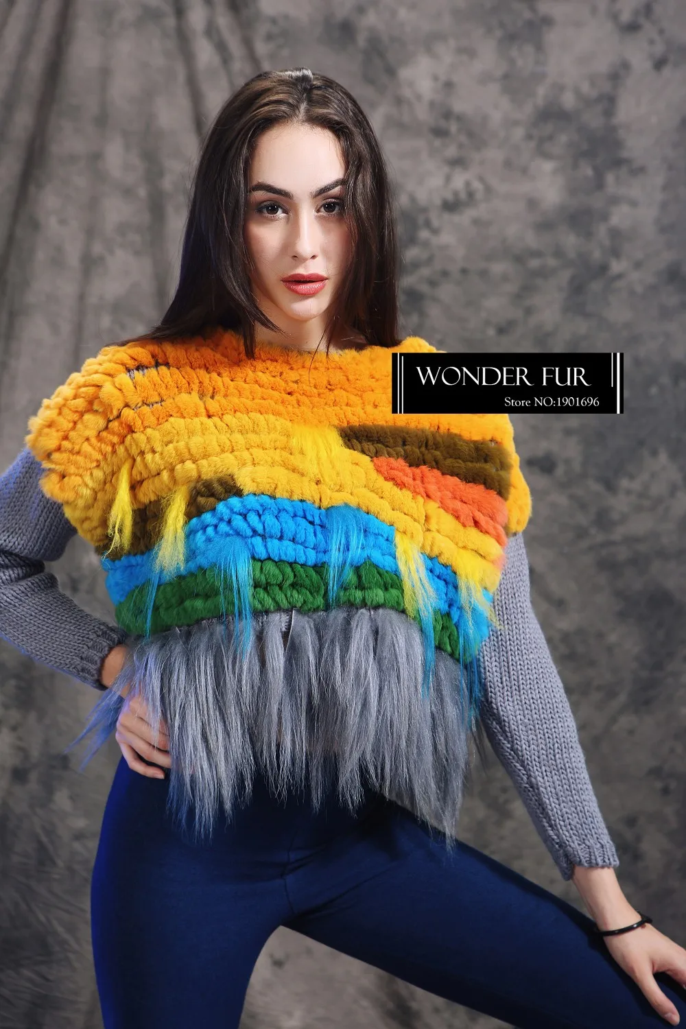 Цветной вязаный свитер с мехом очаровательный дизайн вязаный пуловер с кроличьим мехом Рекс с кашемировый шарф с кисточками Топ с натуральным мехом платье