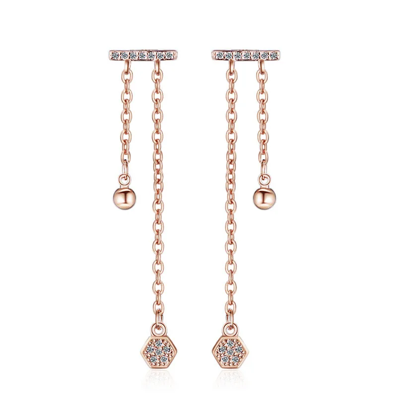 

100% 925 sterling silver fashion rose gold color crystal ladies`tassels stud earrings jewelry female wedding gift no fade cheap