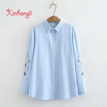 

Plus size long sleeve Embroidery women loose blouse 2020 NEW spring autumn casual ladies cotton coral white shirts female tops