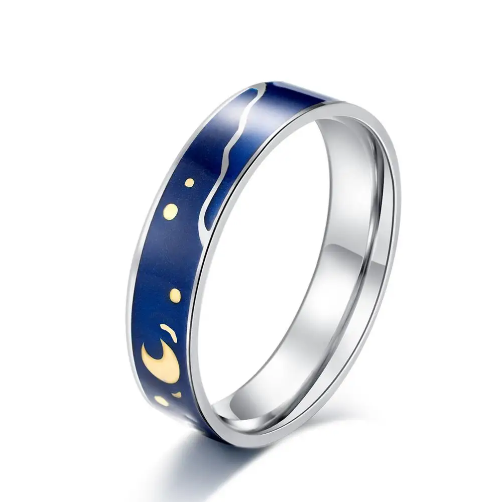 Модное романтическое кольцо из титана и стали с эмалью Ван Гога, парные кольца с небесными звездами и луной, серебряные блестящие кольца, свадебные ювелирные изделия для женщин - Цвет основного камня: WOMEN