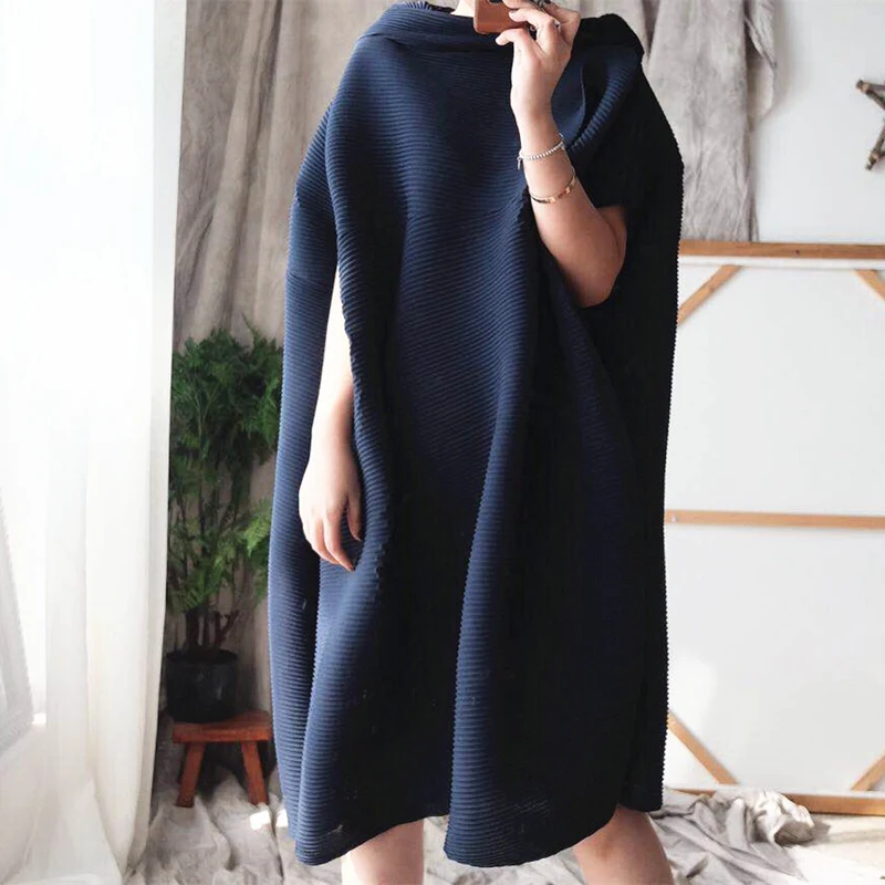 LANMREM, Корейская Весенняя летняя плиссированная одежда для женщин, прямое свободное платье большого размера, необычное платье, высокое качество, хит, YH185 - Цвет: navy blue