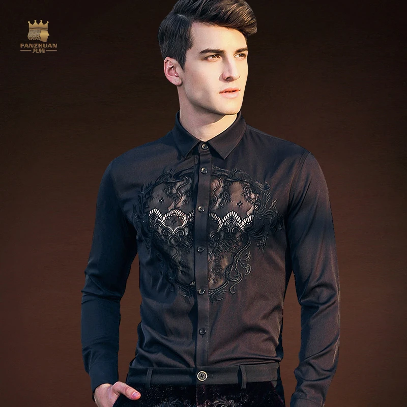 FANZHUAN Мужская рубашка для модного костюма на вечеринку, тонкая рубашка с длинными рукавами и вышивкой, трендовая Осенняя мужская одежда