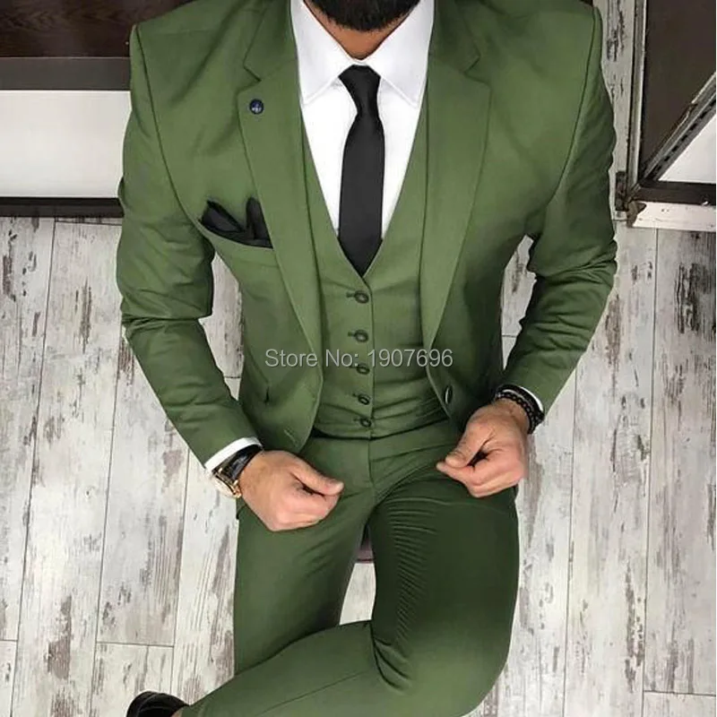 Армейский зеленый Slim Fit мужские свадебные костюмы смокинг для жениха из 3