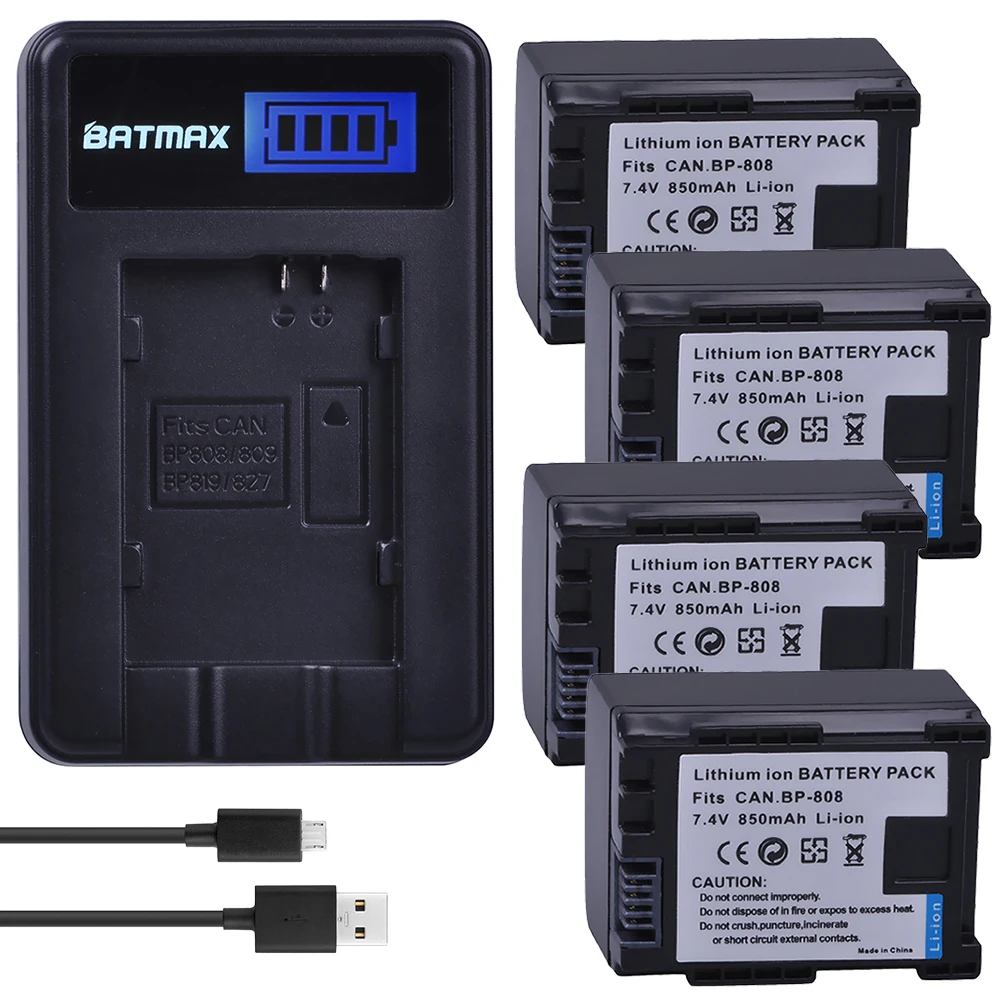 4Pcs BP 808 BP 808 BP808 Camera Rechargeable Battery LCD USB Charger for Canon BP 827