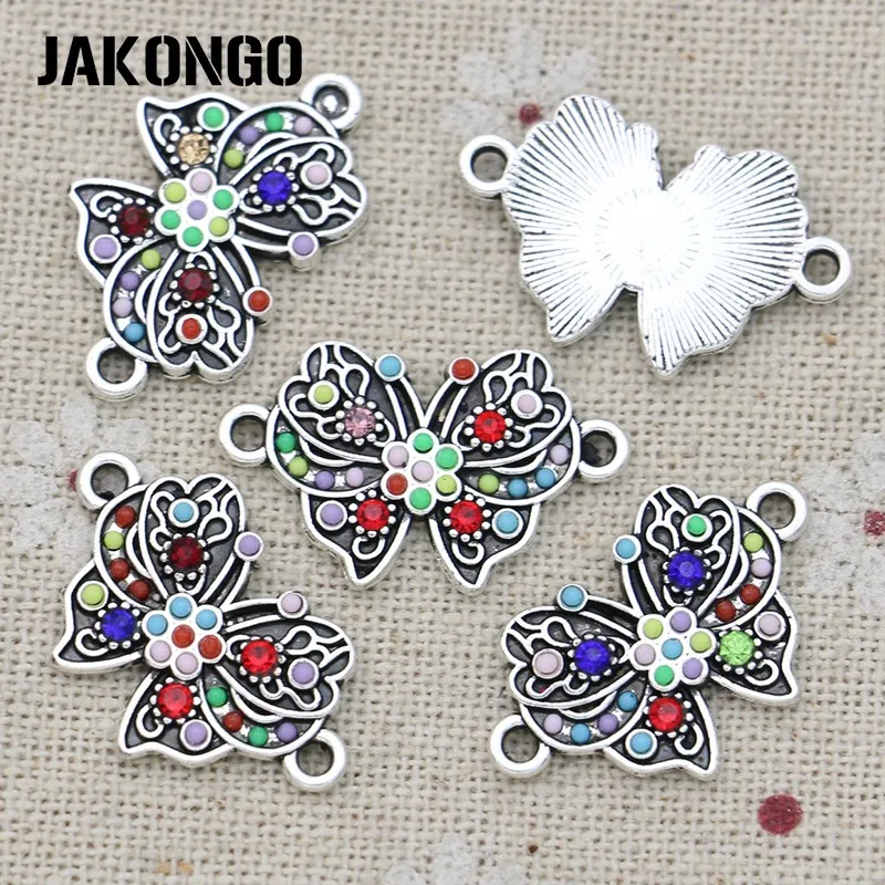 5Pcs 골동품 실버 도금 크리스탈 나비 커넥터 쥬얼리 만들기 팔찌 DIY 액세서리 수제 공예 25x15mm