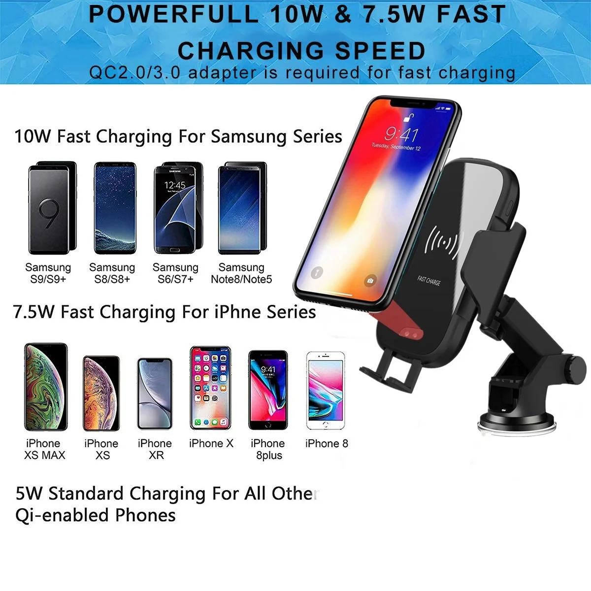 Tongdaytech Qi автомобильное беспроводное зарядное устройство для iPhone Xs Max X 8 Plus samsung S10 S9 Автомобильный держатель для телефона Быстрое беспроводное зарядное устройство Carregador