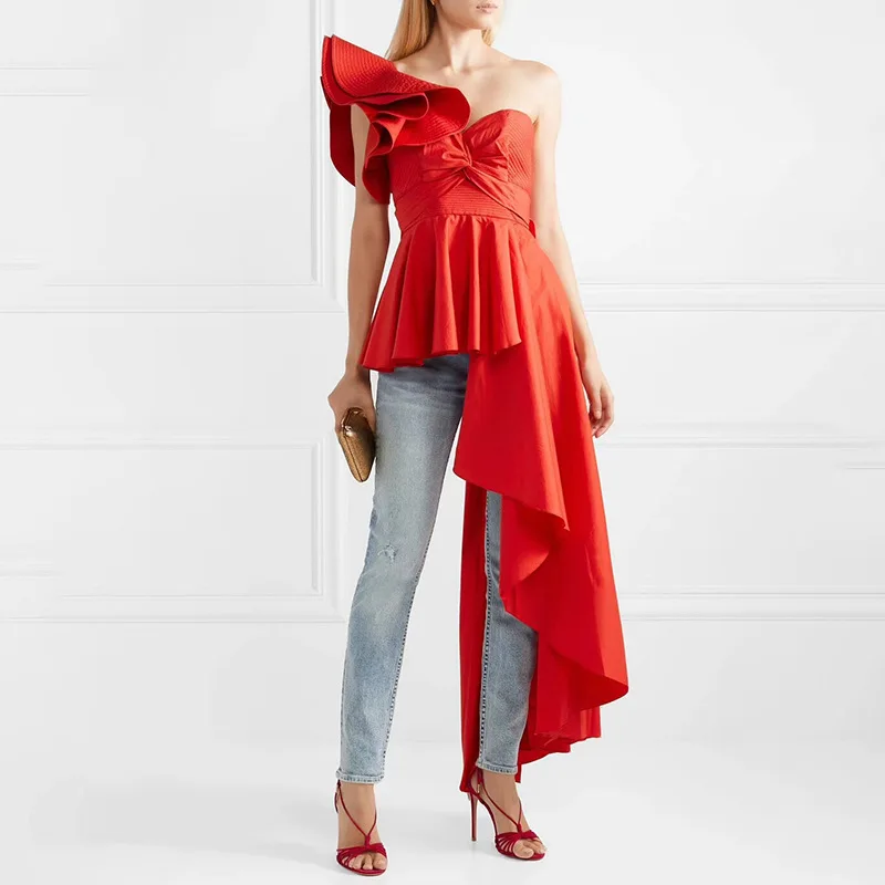 

[YaLee] New Fashion 2019 Summer Simple Slash Neck Sleeveless Stitching Ruffles Sexy Strapless Irregular Shirt Women A518