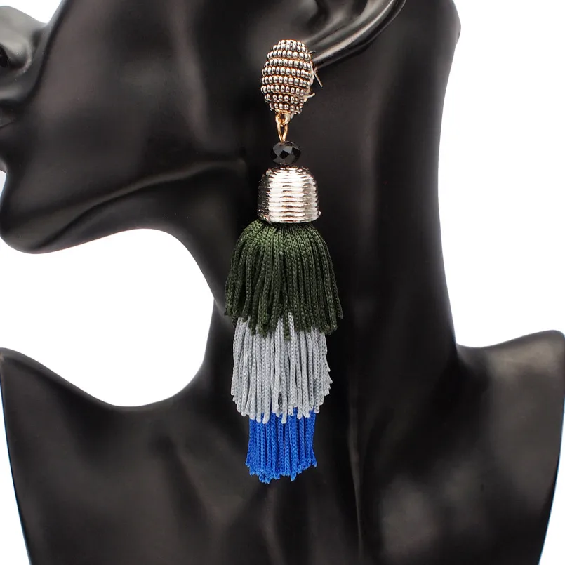 MANILAI Bohemia 3 Слоистые хлопковые серьги с кисточками, модные ювелирные изделия, многоцветные массивные длинные висячие серьги с бахромой для женщин - Окраска металла: Green gray Earrings