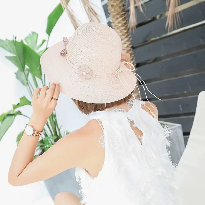 Женская летняя пляжная соломенная широкополая шляпа от солнца плетеная лента бант искусственный цветок широкополый круглый колпачок
