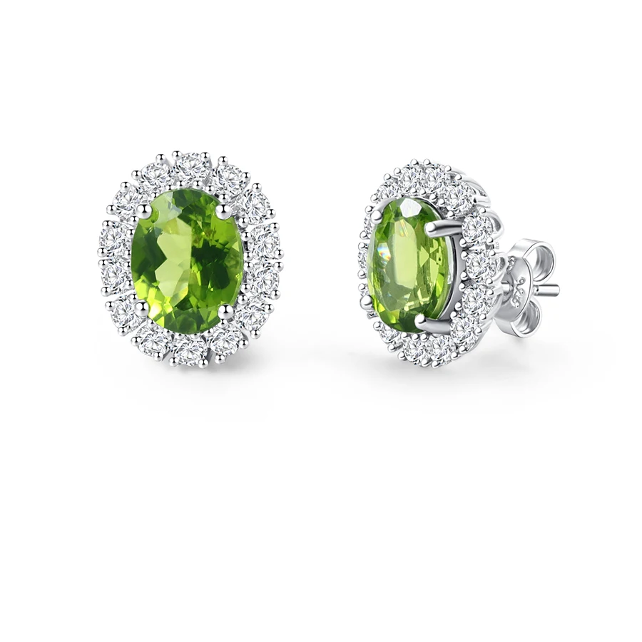 

PJC Natural Gemstone 10*8mm 5.37cts Oval Shape Manchurian Peridot With 2.06cts Round White Zircon 925 Sterling Silver Earring