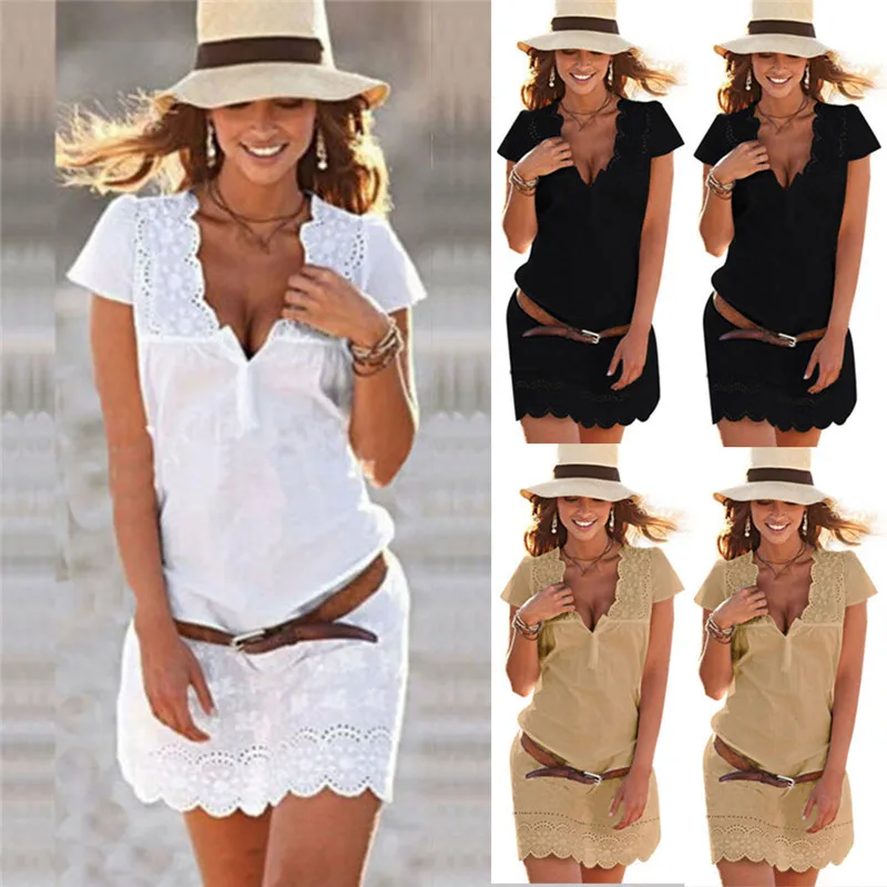 

Ladies sexy dress Women's summer Solid V-neck lace short-sleeved bohemian beach sun mini dress robe blanche femme 2019 new