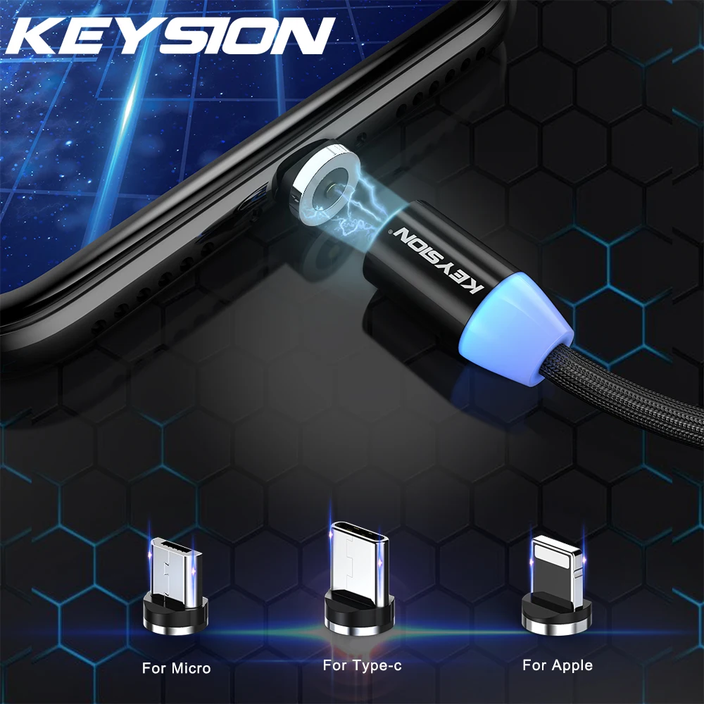 Магнитный кабель KEYSION со светодиодной подсветкой для Lightning Micro USB Type-C телефонный
