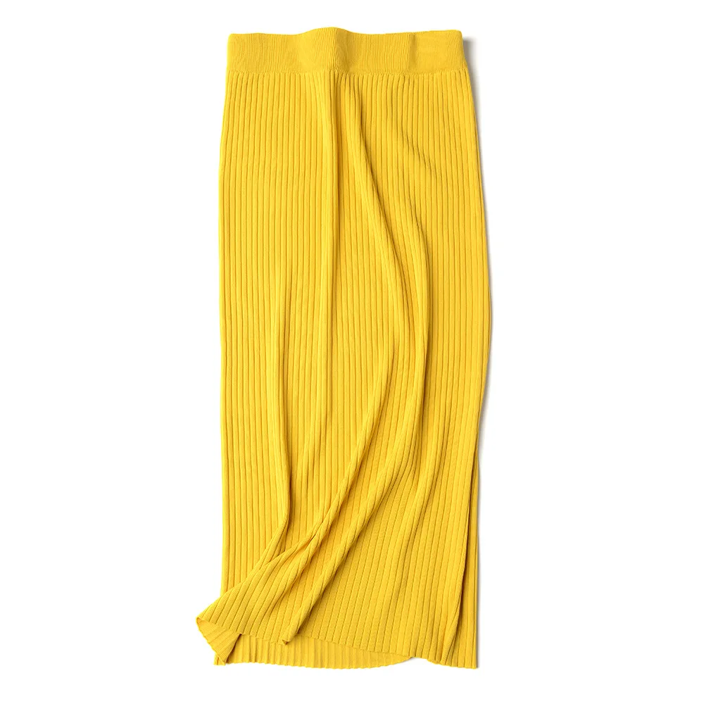 

2019 High waist split long skirt ribed elastic thin summer skirt soft cool knit skirts womens sexy D378