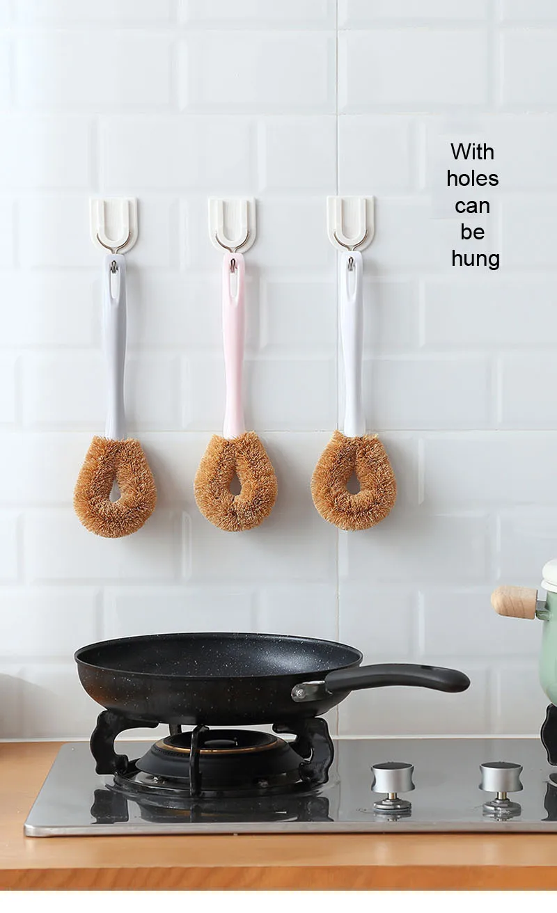 Natural Coconut Long Handle Cleaning Brush Non-stick Oil Pot Brushes Dish Washing Oil Kitchen Cleaning Brush 4 Colors  (17)