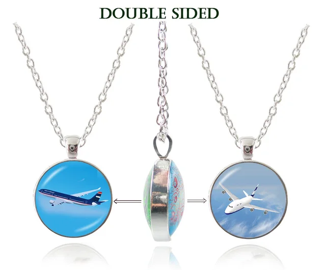 new airplane pendant necklace double sides glass cabochon necklace blue sky and white clouds