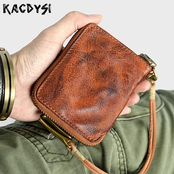 

Famous Brand Real Leather Men's Wallet Retro Original Vegetable Tanned Leather Short Zipper Chain Wallets Card Holder Coin Pouch