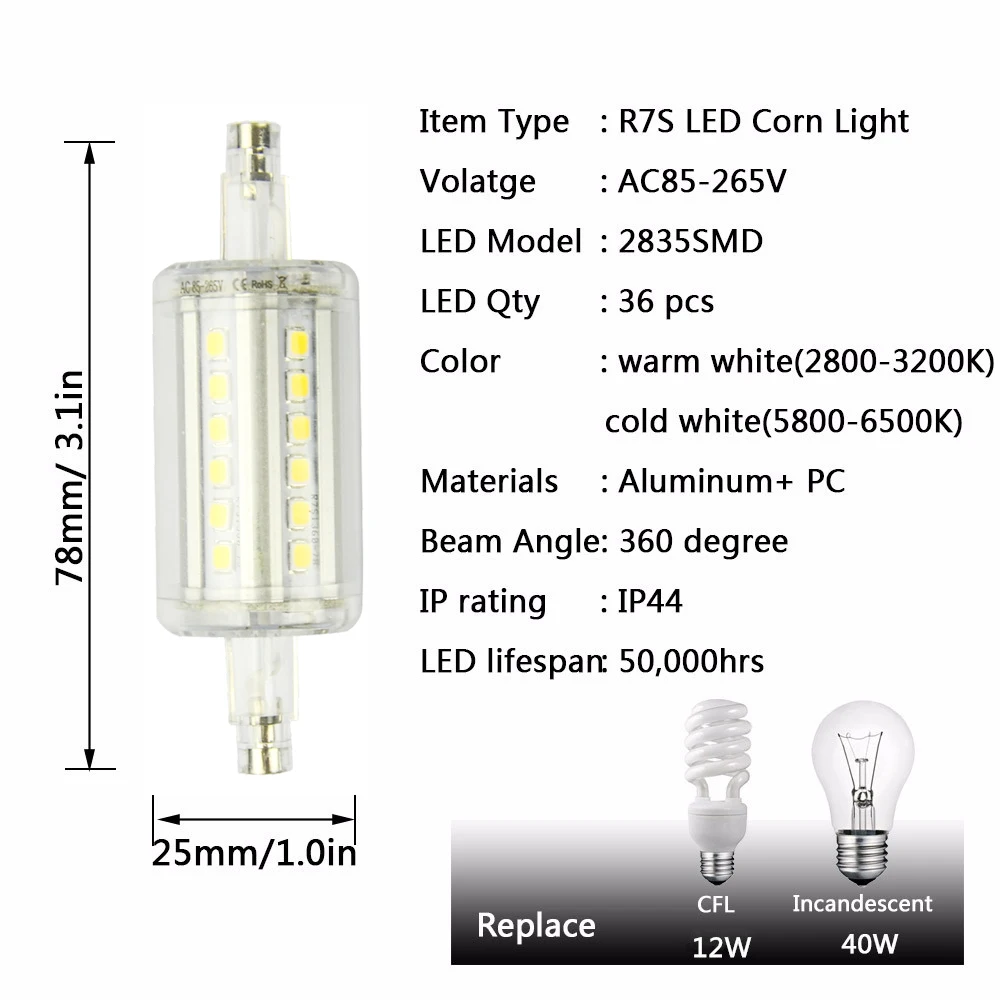Светодиодный светильник, лампочка R7S светодиодный, кукуруза 2835 SMD 78 мм, 118 мм, светильник, заменяет галогенную лампу, переменный ток 85-265 в, 9 Вт, 15 Вт, энергосберегающий прожектор, светильник
