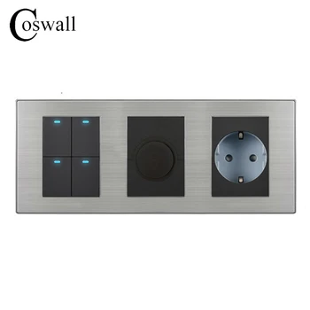 

Coswall 4 Gang 2 Way On / Off LED Light Switch + Dimmer With 16A EU Standard Wall Socket Stainless Steel Panel 236*86mm