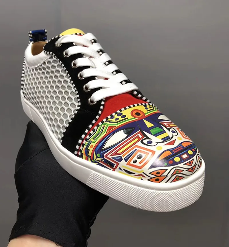

Low-Cut shoes clandgz White with Colorful printing Mesh Face Lace-Up Red bottom shoes Sneakers Leather Loafers 2019 Footwear