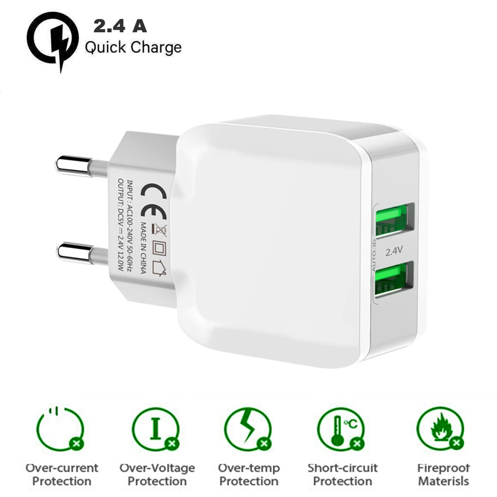 ЕС Plug 5 В 2.4A быстрой зарядки Dual USB Smart Зарядное устройство 2 Порты Quick Charge Путешествия стены мобильный Зарядное устройство для iPhone samsung Xiaomi