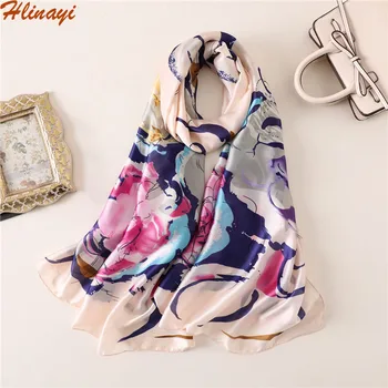 

Hlinayi 2019 New Silk Satin Scarf Camellia Graffiti Long Scarf