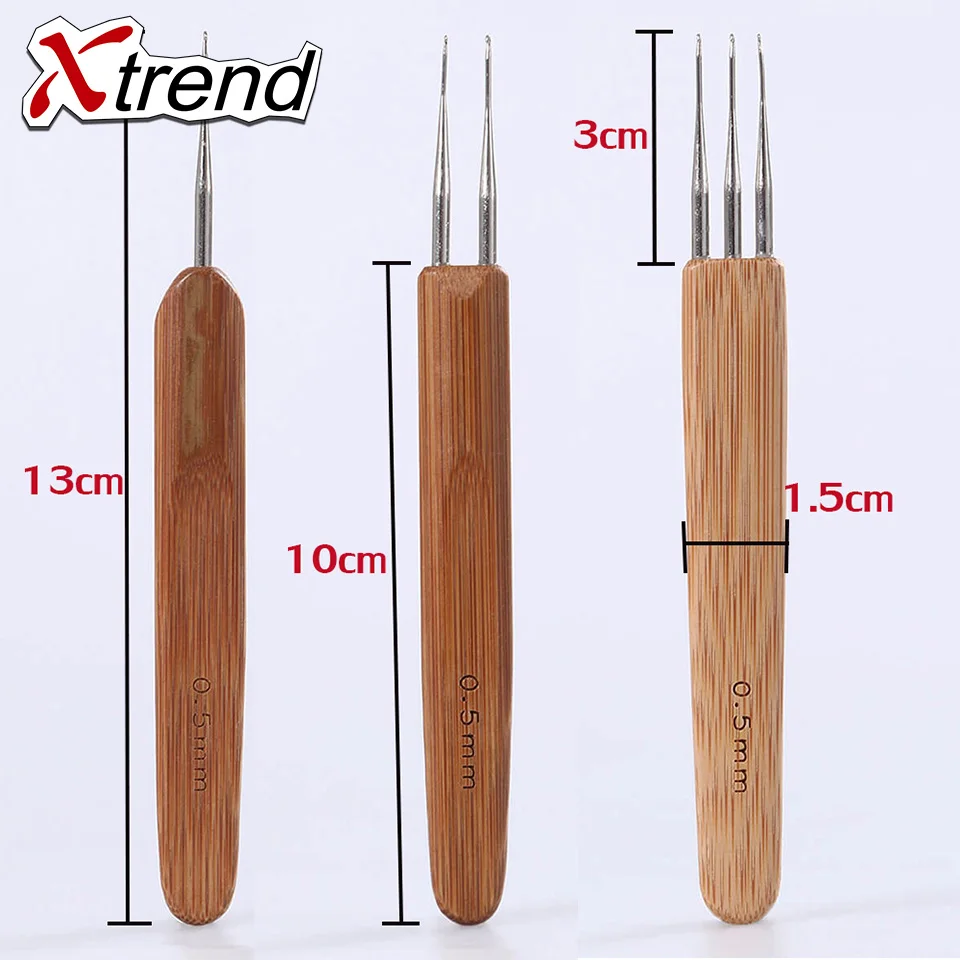 

Xtrend 3pcs/lot Wooden crochet braid needle Feather Hair Extension Tools Wig Hook Needle Threader Knitting hair crochet needles