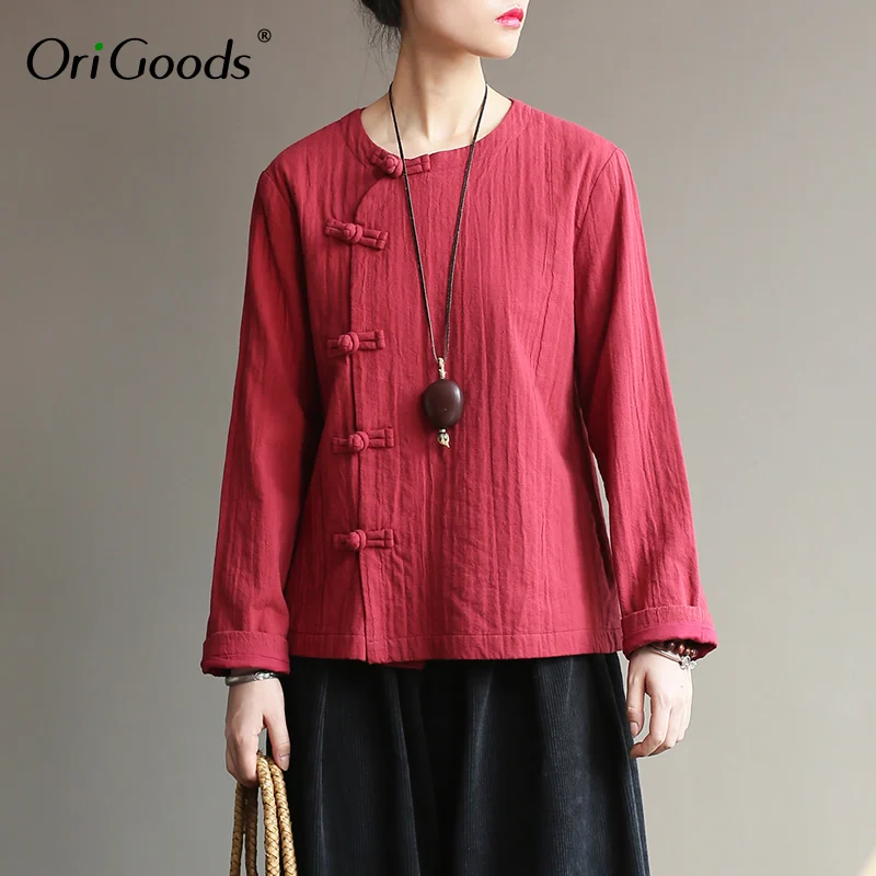 

OriGoods Chinese style Blouse for Women O-neck Long sleeve Vintage Blouse Shirt Women 2019 Spring New Cotton Blouse Tops A379