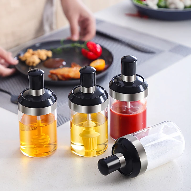 Glass Integrated Spice Bottles Jars Seasoning Spoon Oil Brush Honey Bar