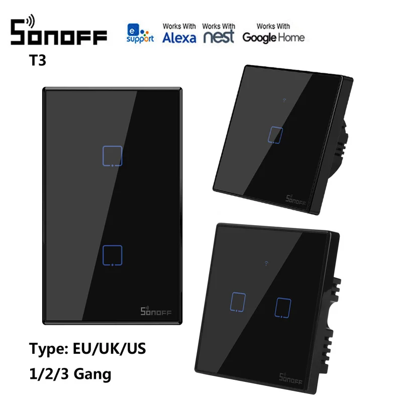

SONOFF T3 smart switch panel EU/UK/US type 1/2/3 Gang Work with Alexa Google home 433mhz RF control by eWeLink for Dropshipping