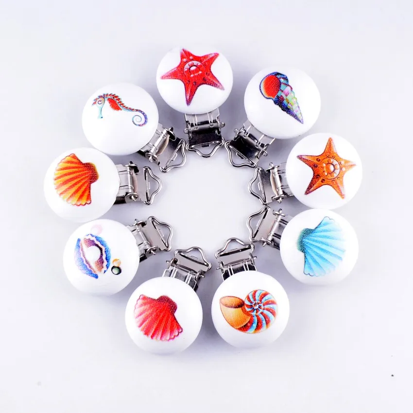 

5PCs Baby Pacifier Clips Mixed Pattern Sea Animals Wood Metal Holders Cute Infant Soother Clasps Funny Accessories 4.4x2.9cm