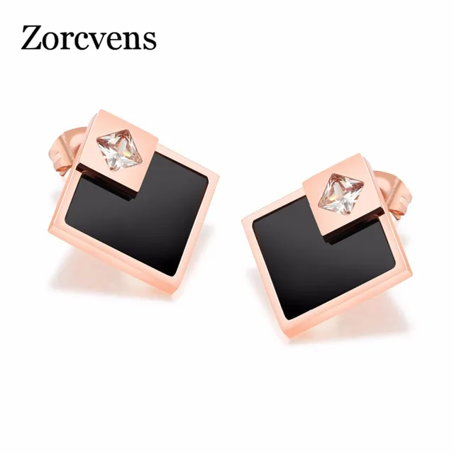Zorcvens Earring For Women Stainless Steel Rose Gold Color Female Zorcvens Earring For Women Stainless Steel Rose Gold Color Female Black Square Stud Earrings Fashion Jewelry
