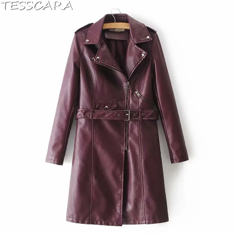 

TESSCARA Women Autumn Elegant Long Leather Windbreaker Female Office Basic Jacket Coat Fashion Trench Overcoat Outerwear & Coats