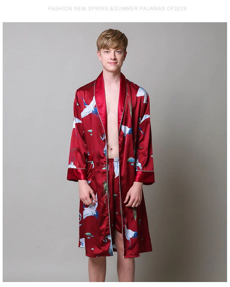 Two-Pieces Silk Nightgown Satin male Sleepwear Loose Tiger Dress Silky Long Sleeve Robe and Long Pants bathrobe set for Men mens pjs