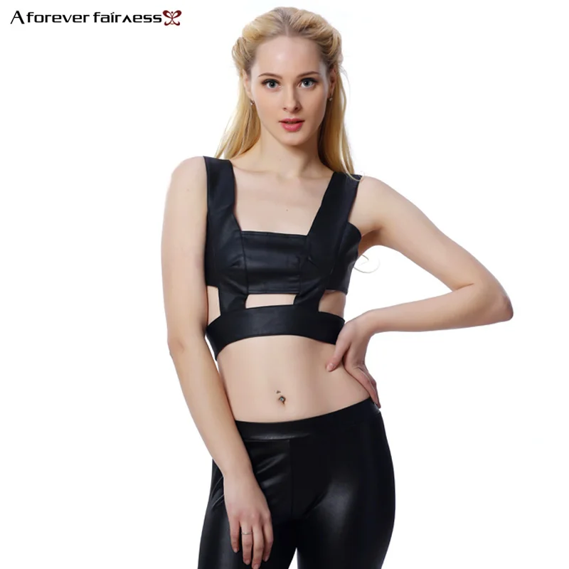 

Women Crop Tops Before And After Hollow Out Pierced Halter PU Sexy Club Night out Corsets Bandage Tank Tops Bustier Vest AFF409