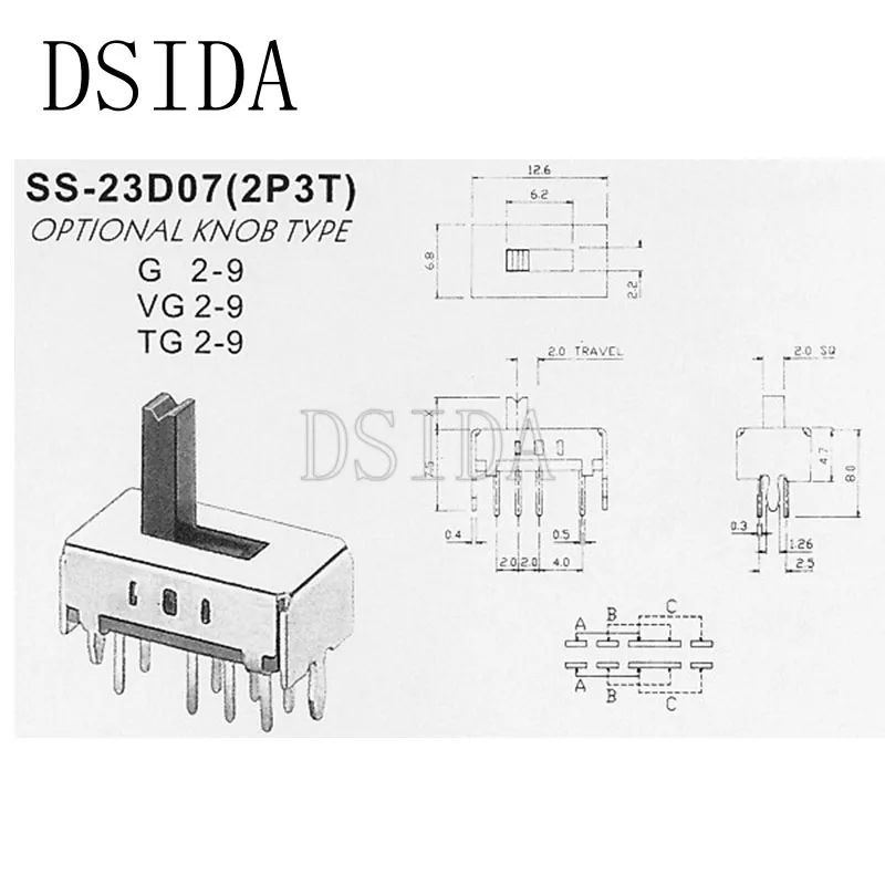 20 шт. SS23D07 8 контактов 3 позиции 2P3T тумблер двойной вертикальный скользящий переключатель длина ручки 3 мм/4 мм/5 мм кронштейн