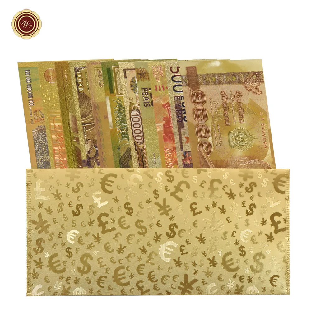 

WR 11pcs Different Gold Plated Foil Banknote with Envelope Colored Currency Fake Bill Golden Banknote for Business Souvenir
