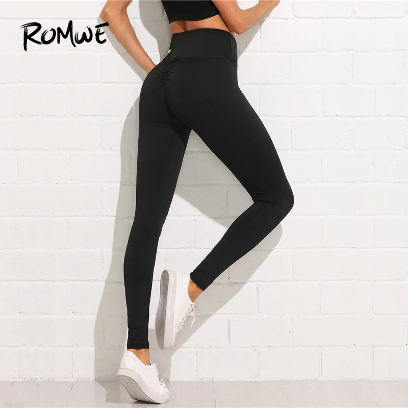 

ROMWE Shirred Back Leggings Workout Clothes Women High Quality Running Pants Fitness Fashion Leggings Black Skinning Leggings