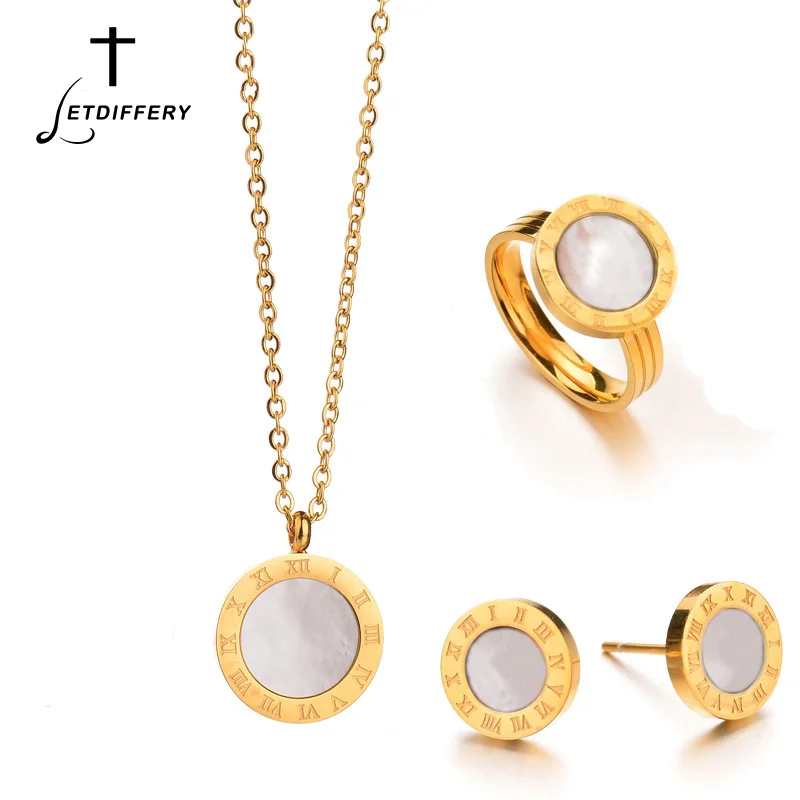 

Letdiffery Women Fashion Black Shell White Shell Brand Jewelry Set Stainless Steel Roman Number Set For Women Wedding
