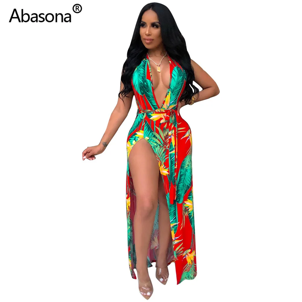 

2019 Women Summer Leaf Print Halter V-neck Open Back High Split Beach Dress Elegant Evening Party Night Sexy Club Long Dresses