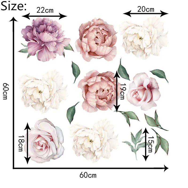 

8 Large 15-22cm Peony Flowers Wall Sticker DIY Vintage Rose Stickers For Living Room Kids Room Princess Decals Mural Home Decor
