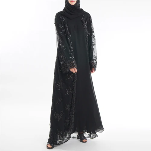 MISSJOY/мусульманское платье с пайетками abayas, арабское макси платье, кардиган с вышивкой, роскошное ночное белье вечерние женские мусульманская одежда для Дубай, платье - Цвет: Черный