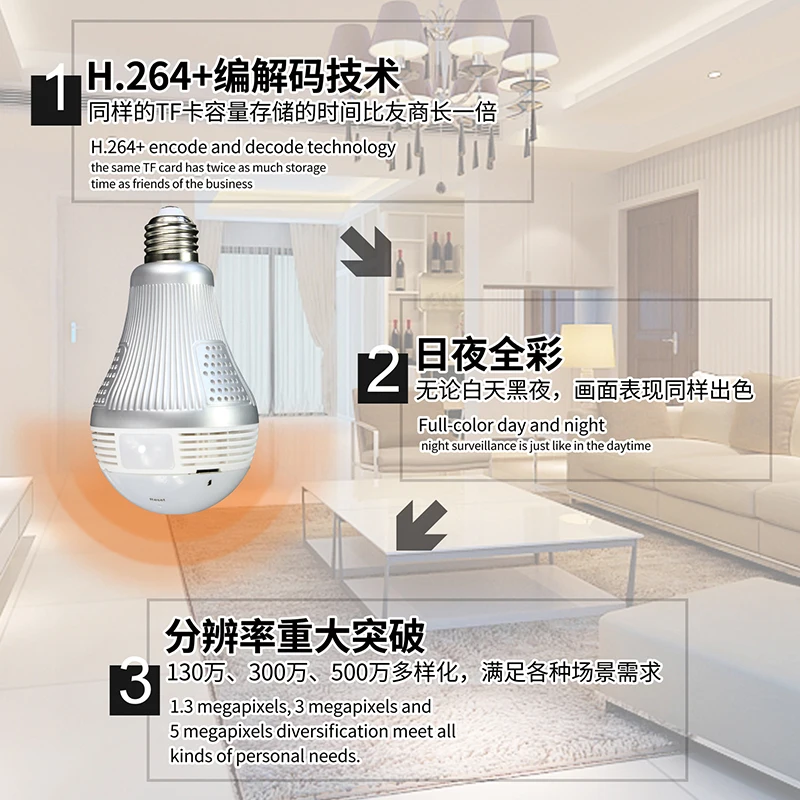 New HD 1.3MP WiFi IP Panoramic View 360 degree Light Bulb Camera Smart Home VR 360 Day and night full color Home Security Camera