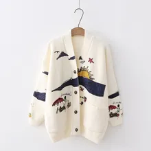 Women Sweaters Embroidery Knit Cardigans Christmas Sweater Print Women V-Neck Casual Loose Outerwear Long Sweater
